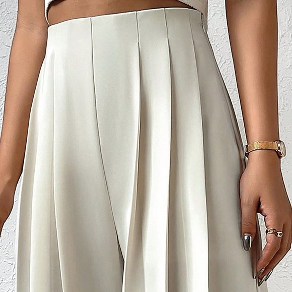 White Casual Womens High Waist Plicated Detail Wide Leg Pants - Picture 4 of 5